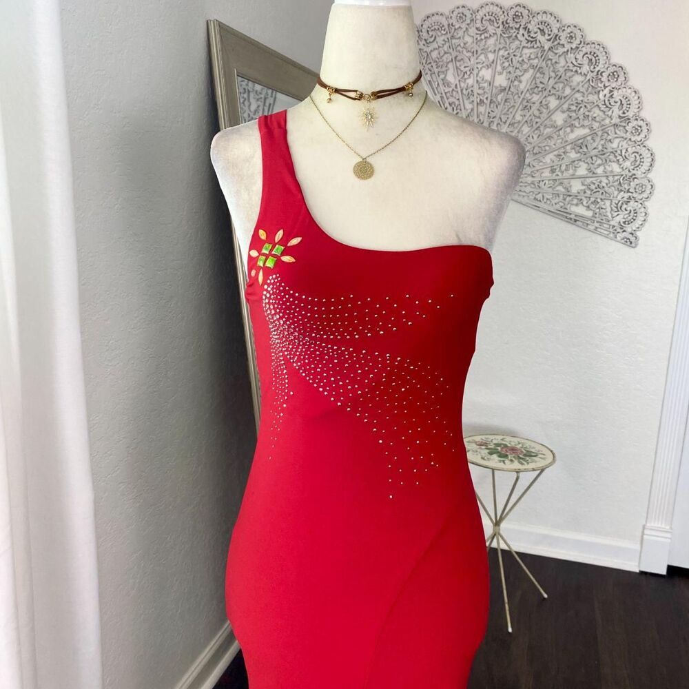 Vintage Made in USA Red Early 2000's Asymmetric One Shoulder Midi Party Dress S - Picture 2 of 7